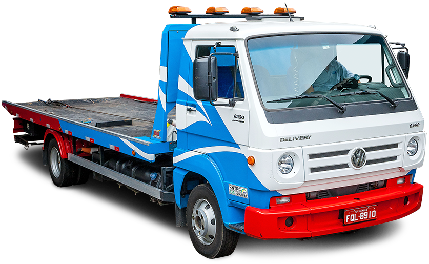 Caminhão-plataforma da JZ Resgate, branco e azul com para-choque vermelho